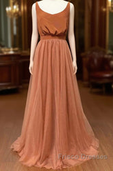 Burnt Orange Scoop Neck Satin Top Long Bridesmaid Dress