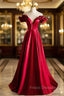 Burugndy Satin Off the Shoulder Formal Prom Dress