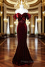 Burungdy Mermaid Sequins Velvet Formal Prom Dress