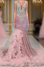 Pink Halter Mermaid Formal Prom Dresses with Sequins Beadings and Tulle Ruffle