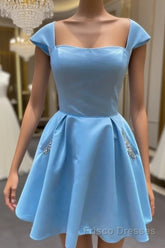 Cap Sleeves Light Sky Blue Satin Short Homecoming Dresses With Beaded Bodice