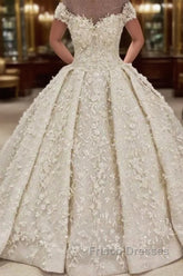 Cap sleeves Off the shoulder Lace Appliques Ball Gown Wedding Dress