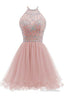 Beaded Halter Homecoming Dress, Short Tulle Dress