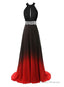 Beautiful Gradient Color Halter Beaded Party Dress, Red And Black Prom Dress
