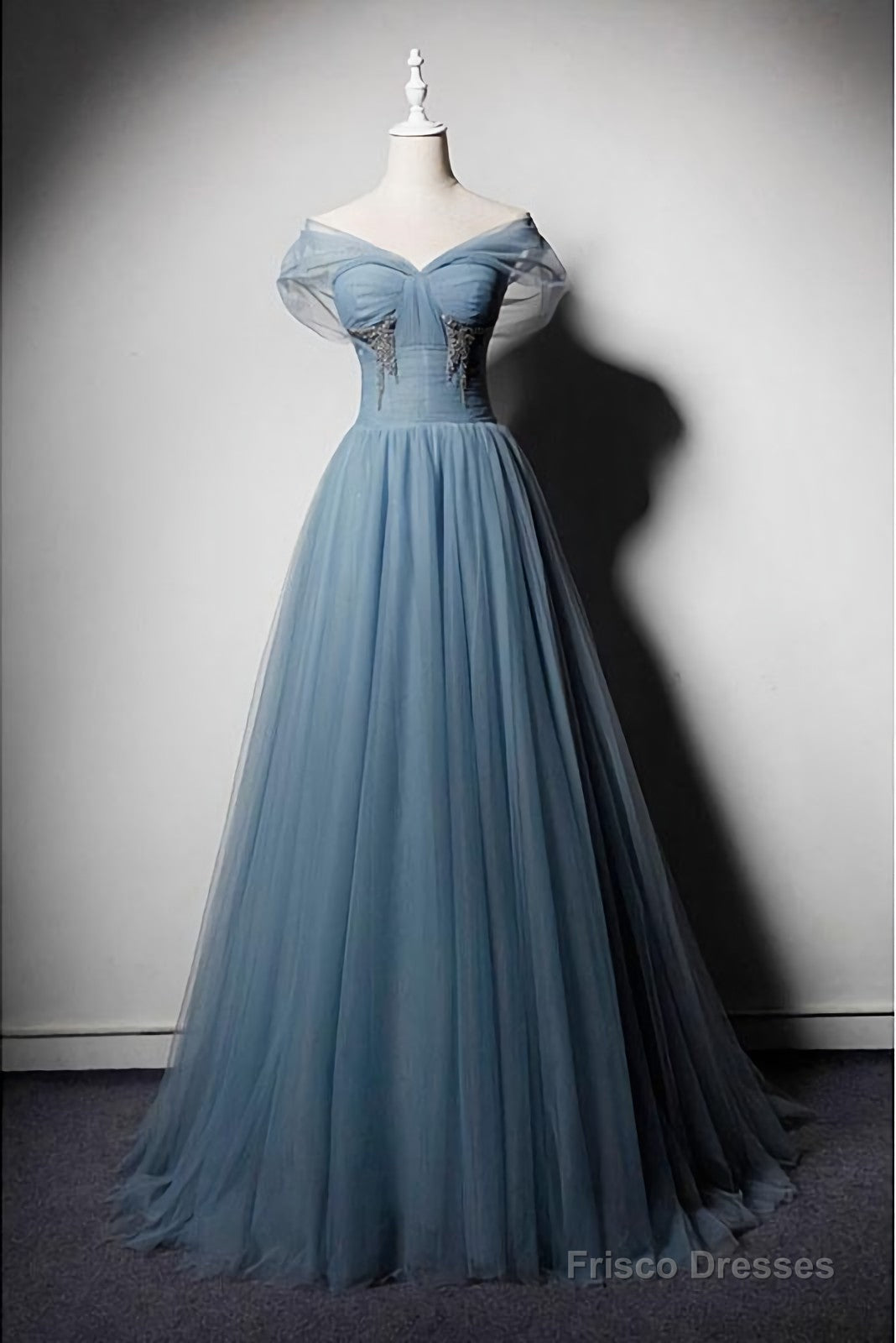 Blue Tulle V Neck Off Shoulder Long Senior Prom Dress, Evening Dress ...