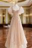 Chamapgne Beaded Short Sleeves Tulle A-line Formal Prom Dress, Champagne Party Dress
