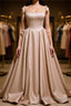 Champagne A-Line Satin Long Formal Prom Dresses, Champagne Formal Evening Dresses