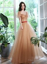 Champagne A-Line Short Sleeves Prom Dress, Champagne Tulle Evening Dress