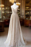 Champagne A Line Spaghetti Strap Sequins Long Formal Prom Dress Evening Dress
