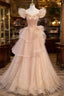 Champagne A-Line Tulle BeadedLong Formal Prom Dress, Champagne Formal Dress