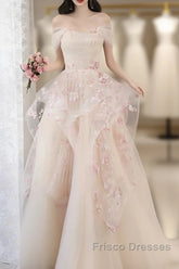 Champagne A-Line Tulle Sequins Long Formal Prom Dress Embroidery Applique Formal Evening Dress