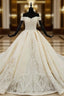 Champagne Ball Gown Satin Off the Shoulder Appliques Wedding Dress