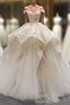 Champagne Ball Gown Tulle Lace Off The Shoulder Formal Prom Dress