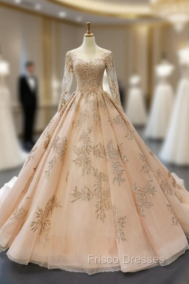 Champagne Gold Ball Gown Tulle Backless Long Sleeve Quinceanera Dress