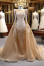 Champagne Gold Long Sleeve Beading Formal Prom Dress