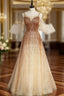 Champagne Gold Sequins Flying Sleeve Formal Prom Dress