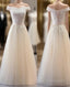 Champagne Lace Applique Off Shoulder Tulle Party Formal Prom Dress