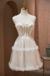 Champagne Lace Short Formal Prom Dress, Spaghetti Straps Party Dress with Pearl