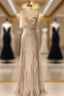 Champagne Long Sheath Evening Dress One Shoulder Sequins Tulle Women