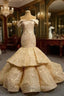 Champagne Mermaid Off the Shoulder Appliques Formal Prom Dress