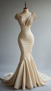 Champagne Mermaid Satin Beaded V-Neck Long Ball Dress, Elegant Evening Dress