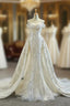 Champagne Mermaid Tulle Off the Shoulder Beading Sequins Formal Prom Dress With Removable Train