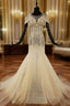 Champagne Mermaid Tulle Sequins Cap Sleeve Beading Crystal Wedding Dress