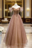 Champagne Off Shoulder Beaded A-line Tulle Long Party Dress, Long Evening Gown