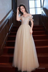Champagne Off The Shoulder Lace Long Prom Dress, A-Line Evening Party Dress