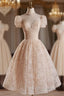 Champagne Pink Tulle Lace Tea Length Formal Prom Dress with Beads