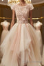 Champagne round neck tulle beads short Formal Prom Dresses, homecoming Dresses