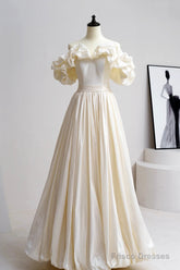 Champagne Satin Floor Length Prom Dress, Off The Shoulder A-Line Evening Party Dress