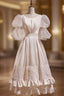 Champagne Satin Long Sleeve High Neck Wedding Dress