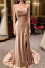 Champagne Satin Mermaid Spaghetti Straps Formal Prom Dress