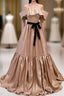 Champagne Satin Off the Shoulder Formal Prom Dress With Bow