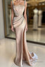 Champagne Satin Straps Beading Mermaid Formal Prom Dress