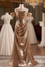 Champagne Sequins Off the Shoulder Pleats Formal Prom Dress