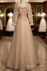 Champagne Short Sleeves Beaded Long Party Dress, A-Line Tulle Formal Prom Dress