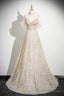 Champagne Spaghetti Strap Tulle Long Prom Dress, Shiny A-Line Evening Dress