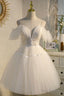 Champagne Spaghetti Straps Lace Short Prom Dress, A-Line Party Dress