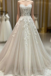 Champagne Strapless Lace Long Formal Prom Dress, A-Line Formal Evening Dress