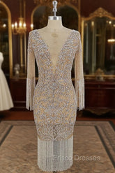 Champagne Tulle Beads Mermaid Short Formal Prom Dress, Champagne Evening Dress