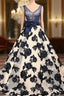 Champagne Tulle Blue Appliques V-neck Train Wedding Dress