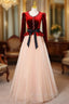 Champagne Tulle Burgundy Velvet Long Sleeve Formal Prom Dress