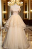 Champagne Tulle Flower Beading Off the Shoulder Formal Prom Dress