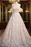 Champagne Tulle Flower Off the Shoulder Formal Prom Dress