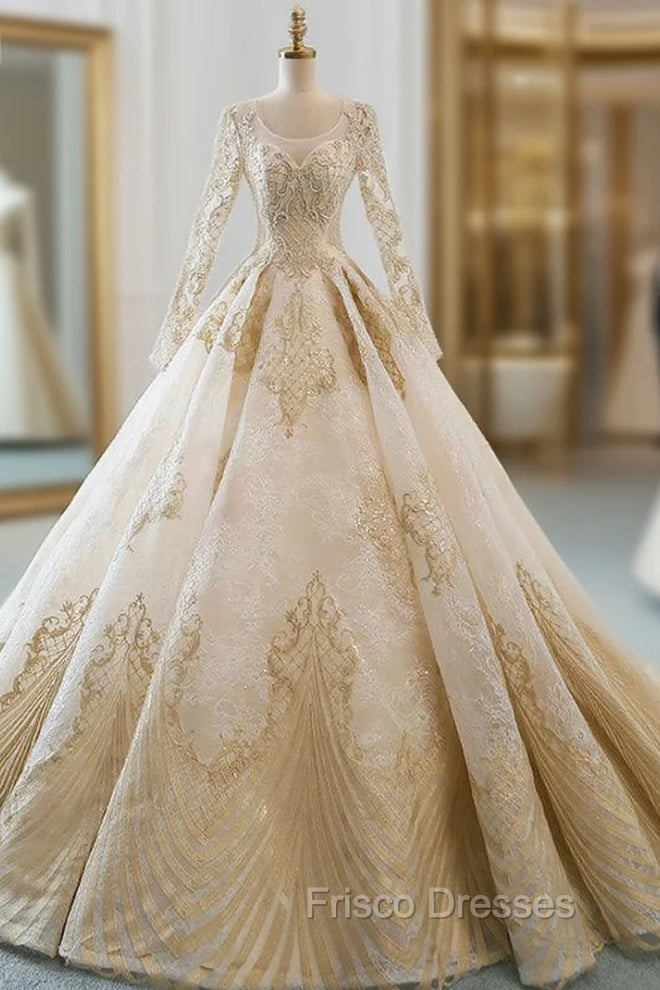 Champagne Tulle Gold Appliques Long Sleeve Wedding Dress Frisco Dresses Champagne Tulle Gold Appliques Long Sleeve Wedding Dress Frisco Dresses