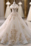 Champagne Tulle Gold Appliques Off The Shoulder Wedding Dress