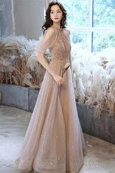 Champagne Tulle Haler Beaded Shiny Long Party Dress, A-Line Prom Dress Evening Dress