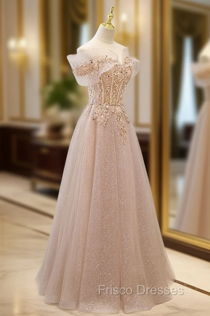 Champagne Tulle Lace A line Long Formal Prom Dress, Lace Champagne Eve Frisco Dresses Champagne Tulle Lace A line Long Formal Prom Dress, Lace Champagne Eve Frisco Dresses